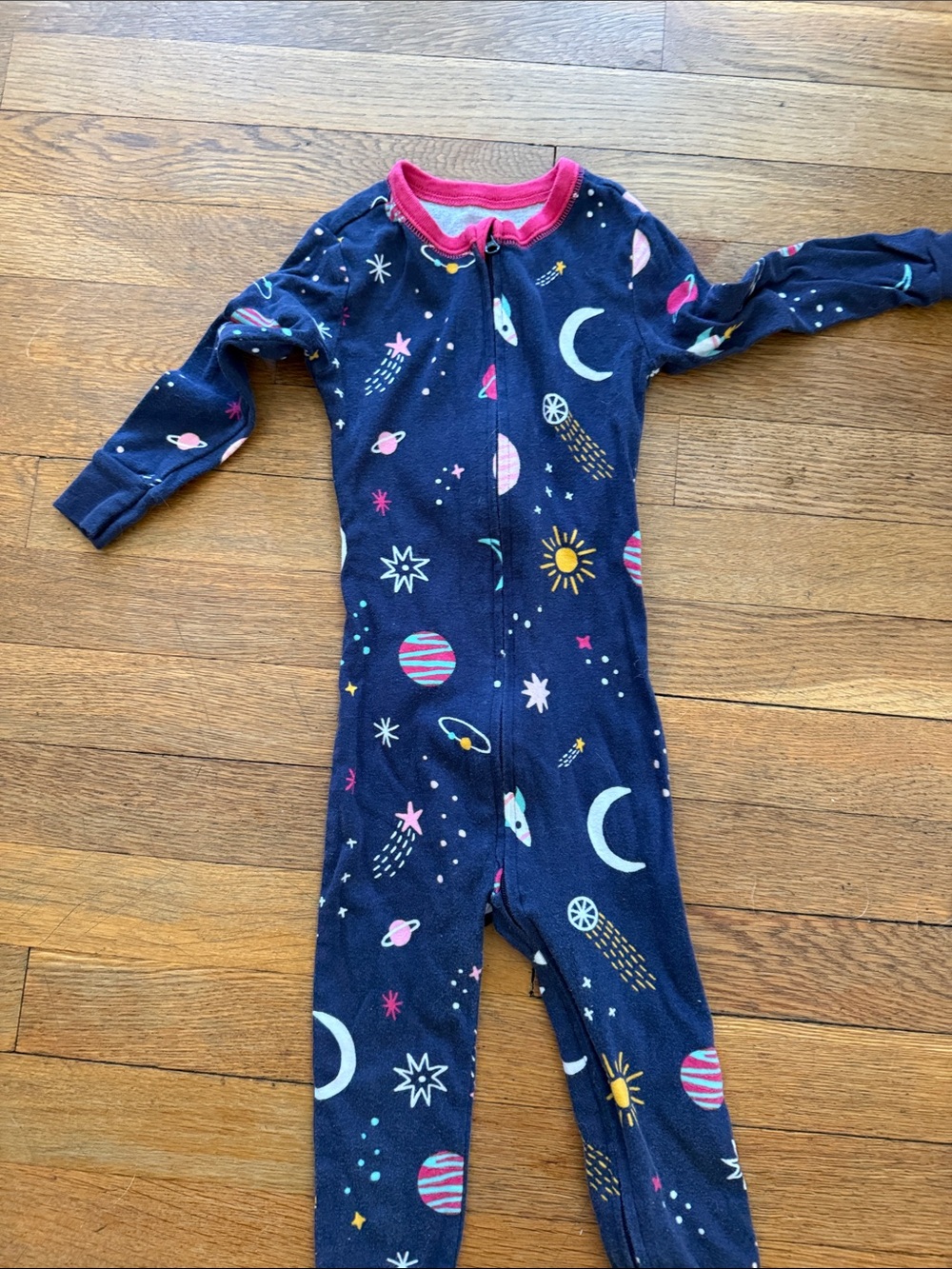 Old Navy Navy Space-Print Footie Pajamas with Pink Trim